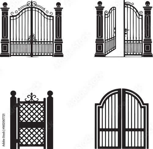 Set of Vintage gate silhouette vector illustration isolated On Transparent Background