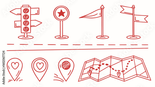 Roadmap Icons: A collection of essential roadmap icons, including a traffic light, star sign, flags, location pins, and a map, are meticulously drawn in a clean, inviting illustration.