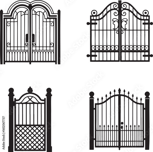Set of Vintage gate silhouette vector illustration isolated On Transparent Background