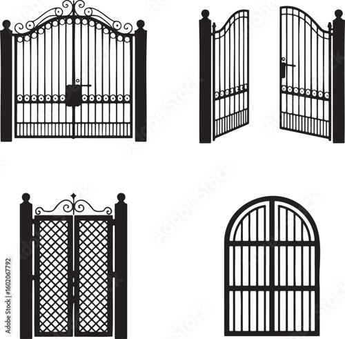 Set of Vintage gate silhouette vector illustration isolated On Transparent Background
