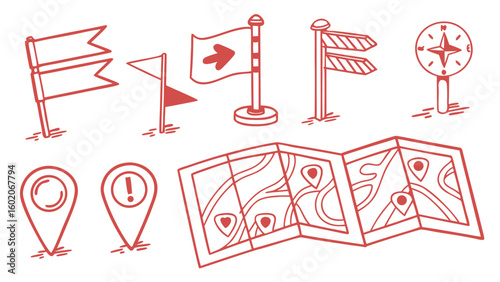 Navigational Tools Collection: An array of essential navigational symbols and tools, meticulously illustrated, encompassing flags, arrows, direction markers, compass, and location pins.