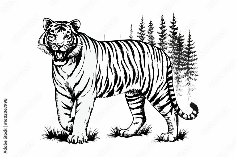 Naklejka premium Tiger in Forest Line Art