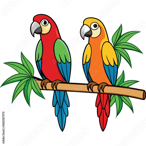 Vibrant Macaws Perched on a Branch: Tropical Bird Illustration