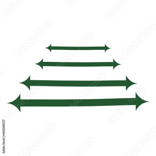 Four green arrows pointing right in ascending size isolated on transparent background