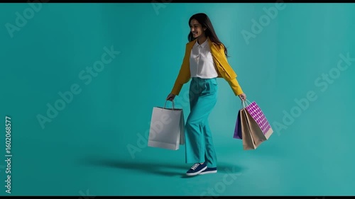 Cheerful woman with flowing hair running, carrying multiple shopping bags against bright turquoise backdrop, expressing shopping excitement