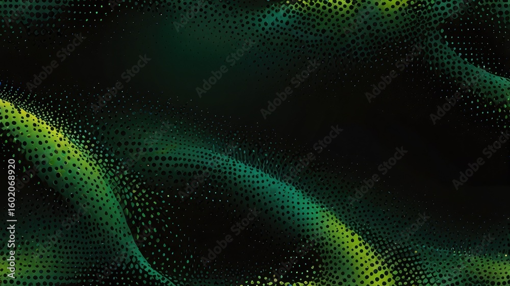 Fototapeta premium Abstract digital art with a wavy surface made of green and yellow dots on a dark background.