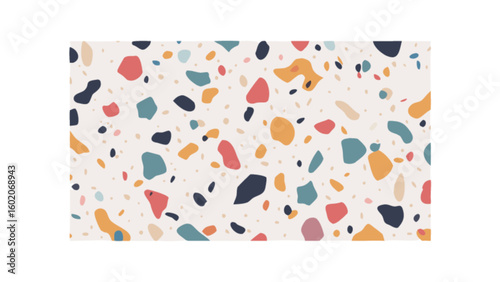 Colorful terrazzo pattern with various shapes and sizes scattered on a white background design style