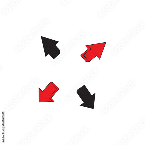 Four directional arrows in red and gray isolated on transparent background