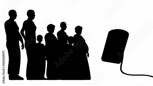 Silhouette of a group of people watching a retro television with a visible antenna on a white background