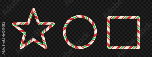 Candy cane frame set with red and green stripe pattern for xmas card or holiday photo. 3D border design with sweet oval, star, and rectangle shape. Vector banner.