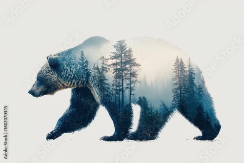 Wildlife Double Exposure. Bear in Wild Landscape. Artistic Generative Poster Design