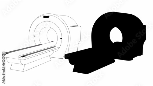 Outline drawing of a ct scanner machine with a patient table and a solid black silhouette version next to it