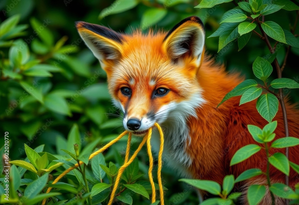 Fototapeta premium A playful red fox gently holds a bright yellow yarn strand in its mouth amidst lush green foliage, landscape, thread