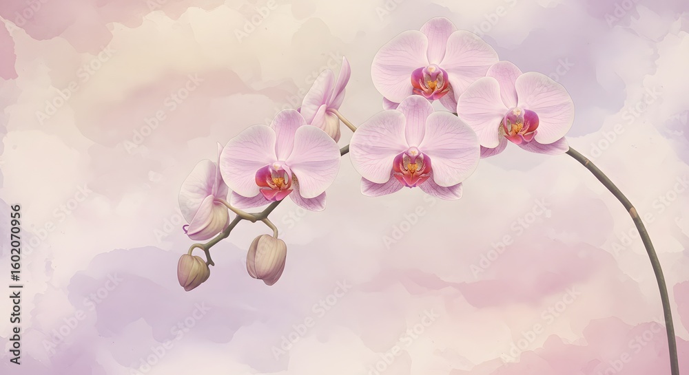 Fototapeta premium A watercolor painting of orchid blossoms in varying shades of pink