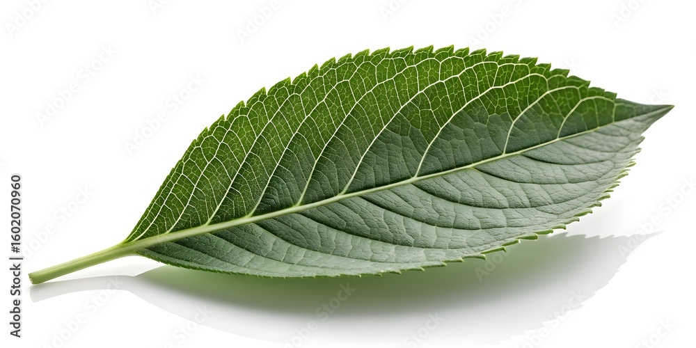 Obraz premium Single green leaf with serrated edges and prominent veins on a white background