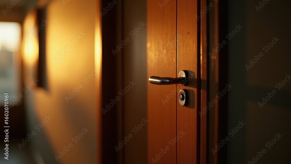 Obraz premium Wooden door with a metallic handle in the sunlight.