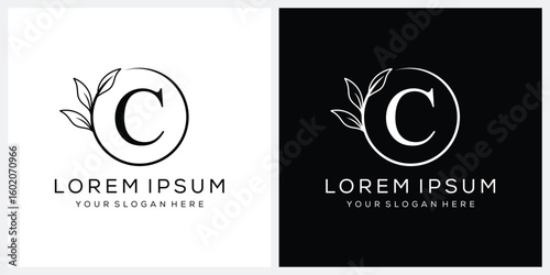Initial letter C serif font logo design, cosmetics fashion and beauty graphic vector, leaves icon concept