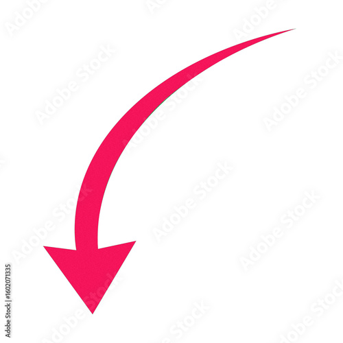 Curved red arrow pointing down isolated on transparent background