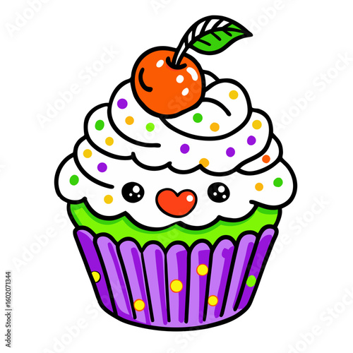 Cute cartoon cupcake topped with cherry and colorful sprinkles  