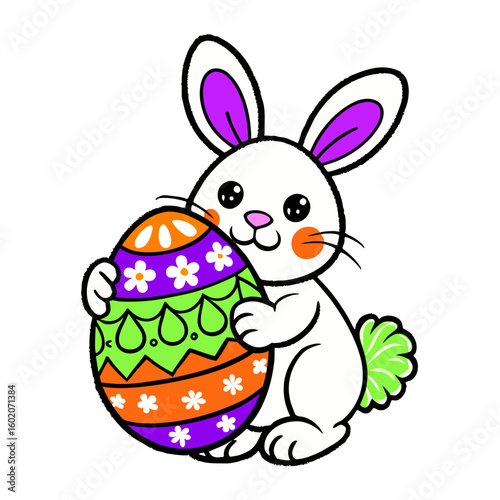 Cute cartoon bunny holding colorful Easter egg with floral patterns  