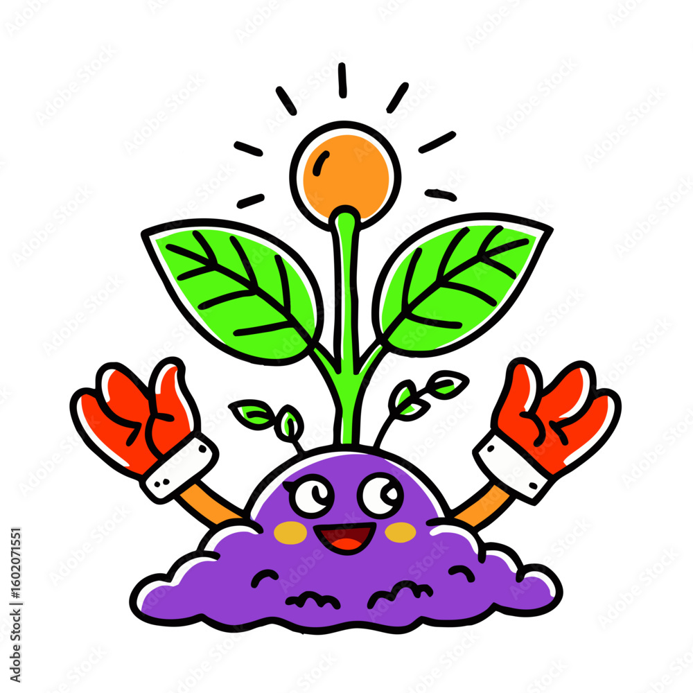Naklejka premium Cartoon character of happy vegetable with arms and leaves on top 