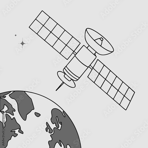 Satellite orbiting Earth in minimalist style with a gray background  