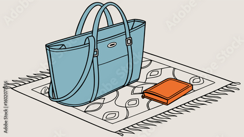 A light blue tote bag with straps and an orange book sit on a patterned rug with tassels on the floor