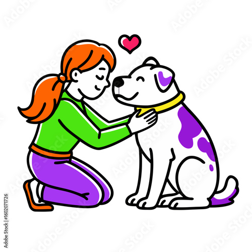 Girl kneeling and petting happy dog while smiling indoors  