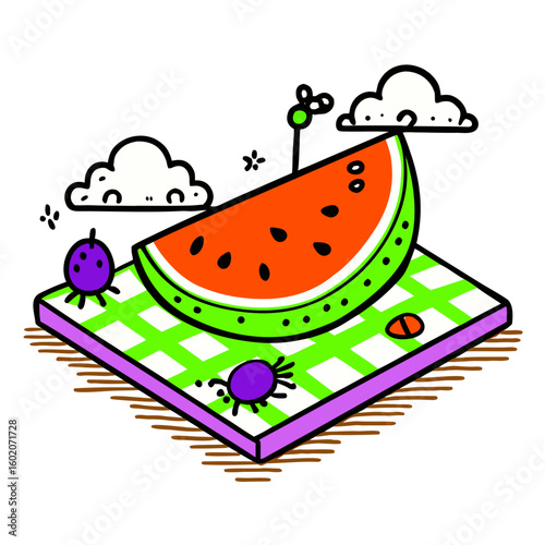 Watermelon slice resting on picnic blanket with cute insects and clouds  
