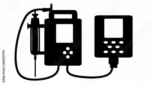 Silhouette of a medical infusion pump with screen and keypad connected to a syringe pump system