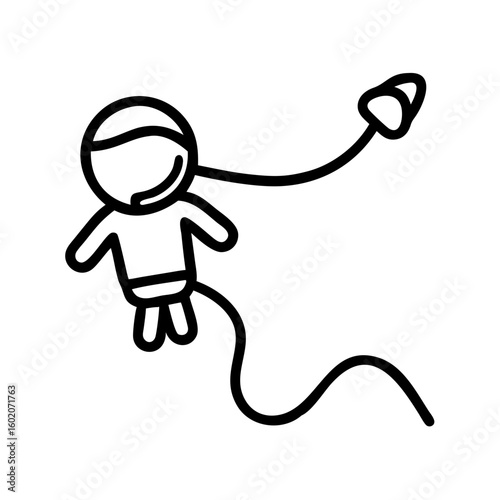 Astronaut character floating in space with a tether line attached  