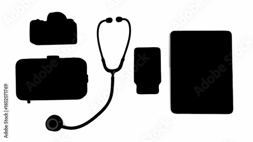 Silhouette of medical equipment and technology including camera, tablet, and stethoscope on white background