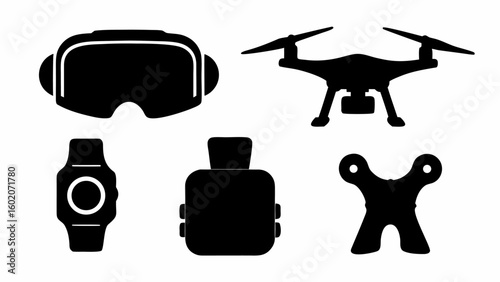 Illustration showing vr headset drone smart watch action camera and wind up toy in black silhouette style