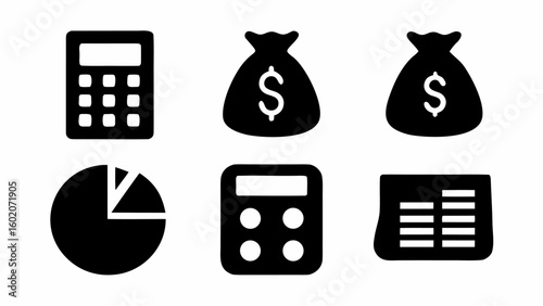 Illustration showing two calculators two money bags a pie chart and a document with horizontal lines