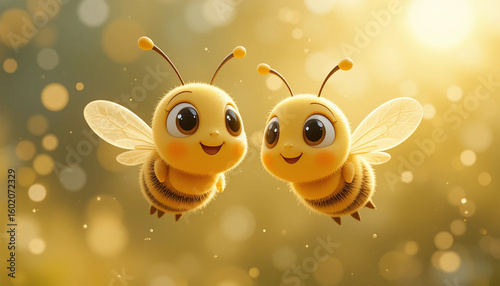 Two Cute Cartoon Bees Flying Over White Gradient Background