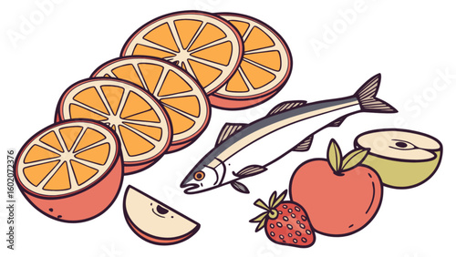 Illustration of sliced oranges, a fish, apples, and a strawberry arranged together on a white surface
