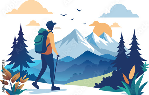 Silhouette of a person hiking up a mountain with a backpack, trees and birds in the background