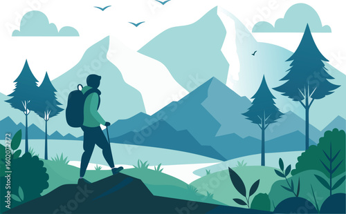 Silhouette of a person hiking up a mountain with a backpack, trees and birds in the background