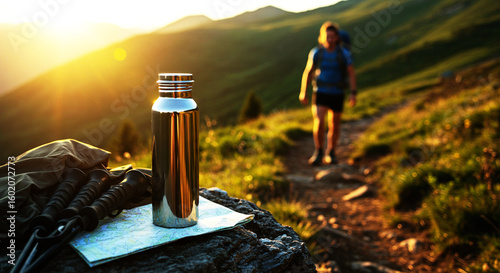 Water Bottle and Hiking Gear on a Mountain Trail