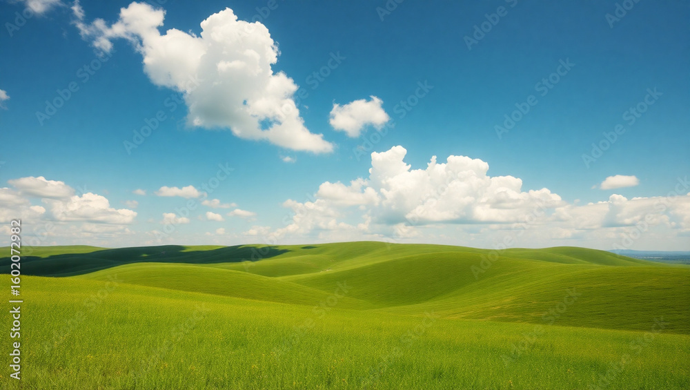 A bright summer sky filled with fluffy white clouds Endless meadow stretches into the horizon A bright summer sky filled with fluffy white clouds Endless meadow stretches into the horizon