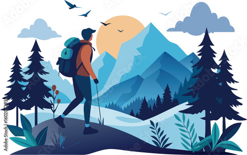 Silhouette of a person hiking up a mountain with a backpack, trees and birds in the background