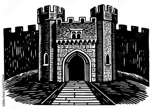  Medieval Castle Gatehouse Entrance - Fortress with Torches