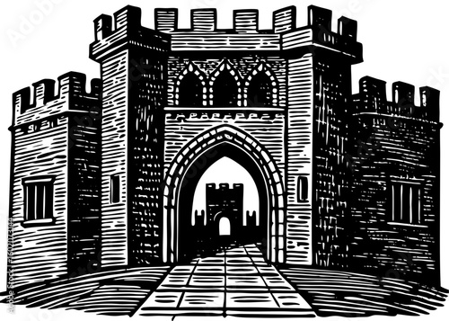  Medieval Castle Gatehouse Entrance - Fortress with Torches