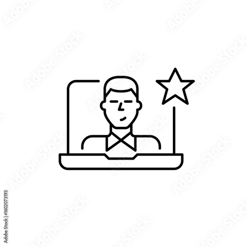 Man on laptop and star. Top remote worker, online conference. Tutoring and teaching. Virtual conference. Pixel perfect, editable stroke vector icon