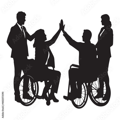  Business team celebrating success with high fives while two members are in wheelchairs