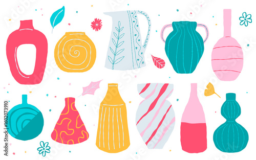 Colored pottery vases set. Hand drawn ceramic vase, porcelain vessel for flowers, clay tall floral pot, decor glass colorful jug, vector illustration. Vase pottery for decoration