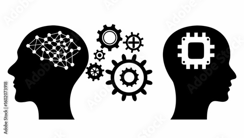 Illustration depicting human heads with brain network and chip connected by gears on a white background