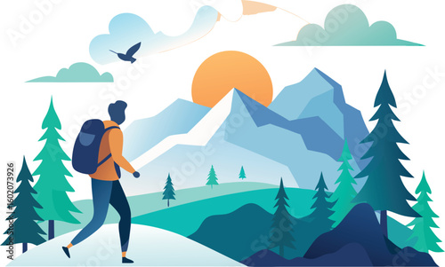 Silhouette of a person hiking up a mountain with a backpack, trees and birds in the background