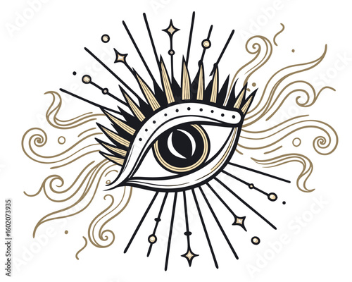 Mystical Boho Eye Symbol with Radiating Lines and  in Minimal Abstract Style
