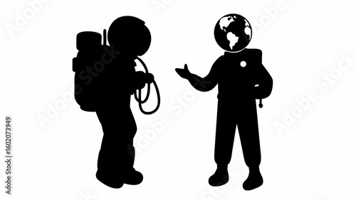 Silhouette of two figures one in a space suit and the other with the earth as a head in black and white